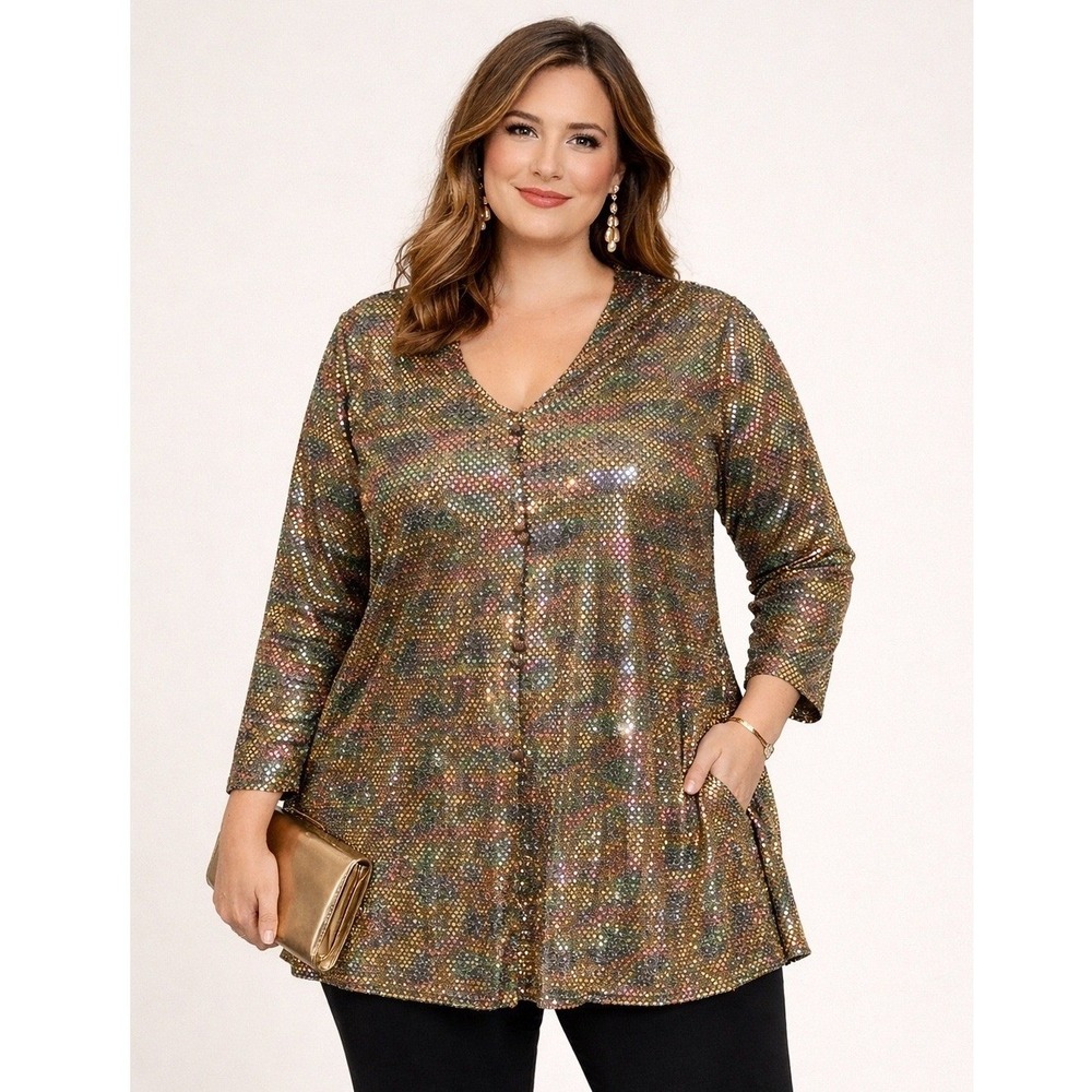 VTG Another Thyme Womens Top Plus 32W Gold Colorful Sequins A Line Tunic Party
